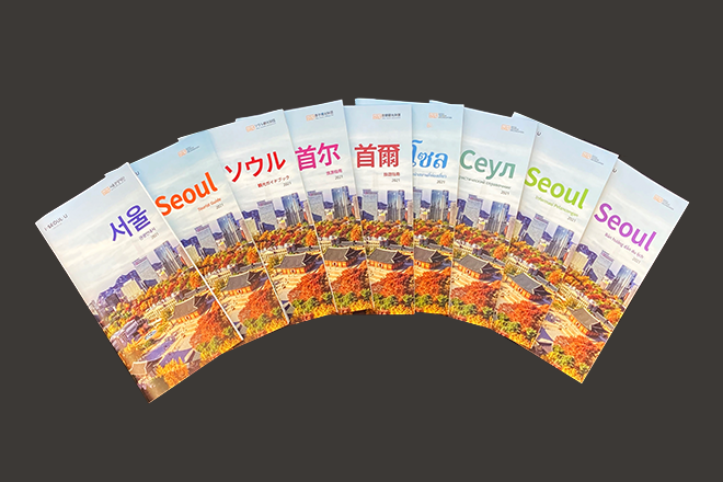 Tourism guidebooks and map photos in various languages.